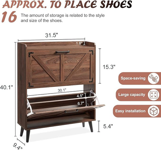 Shoe Storage Cabinet with 2 Flip Drawers, Farmhouse Hidden Shoe Organizer, Narrow Slim Shoe Rack Cabinet for Entryway Hallway,Walnut
