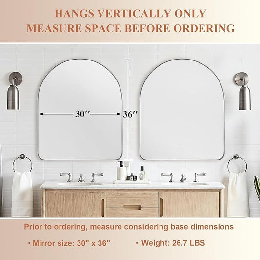 ANDY STAR Arched Mirror, 30 x 36 Inch Polished Chrome Wall Mirror in Stainless Steel Metal Frame, Arch Top Rounded Corner 1 Inch Deep Set Design Wall Mount Hangs Vertical