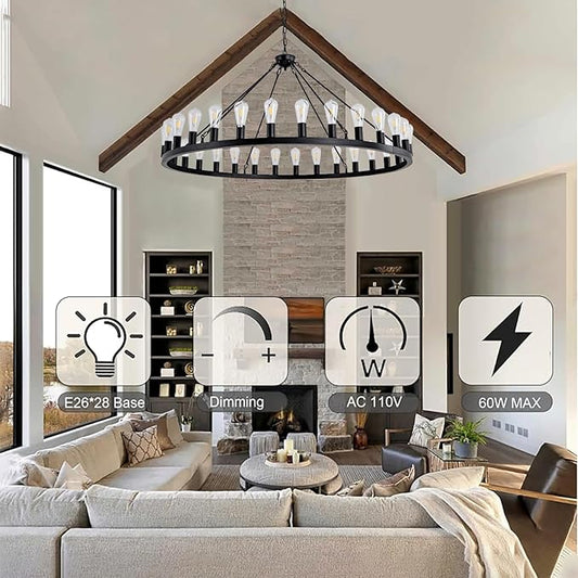 Wagon Wheel Chandelier Farmhouse 53" 30-Light Large Black Farmhouse Round Wheel Chandelier Light fixtures Outdoor Wagon Wheel Chandeliers for Porch high Ceilings Dining Room Living Room