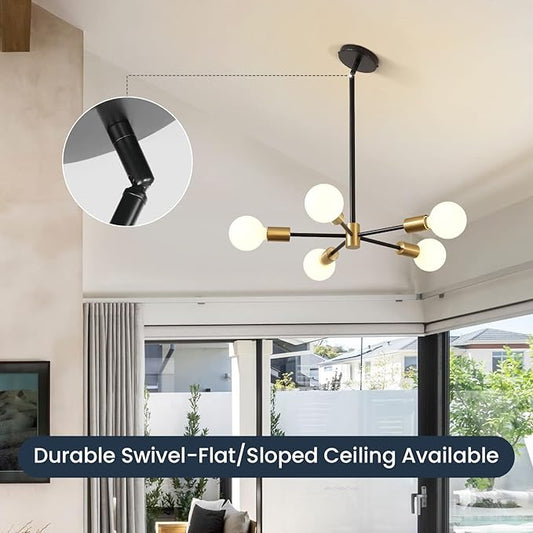 Modern Sputnik Light Fixture,Semi Flush Mount Ceiling Light Black and Gold Mid Century Chandeliers for Bedroom,Dining Room,Kitchen Island,Living Room,Bedroom,Farmhouse