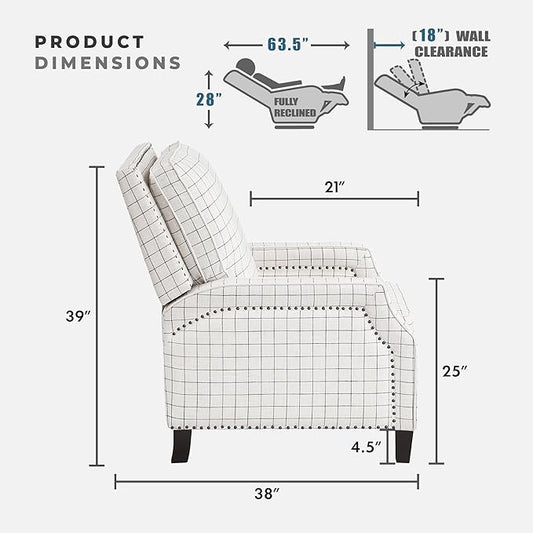 Lexicon Pushback Recliner Chair, Plaid Textured Fabric Armchair Push Back Reclining Chair, Nailhead Trim, Solid Wood Legs, Easy Assembly for Living Room/Office/Apartment, Off-White