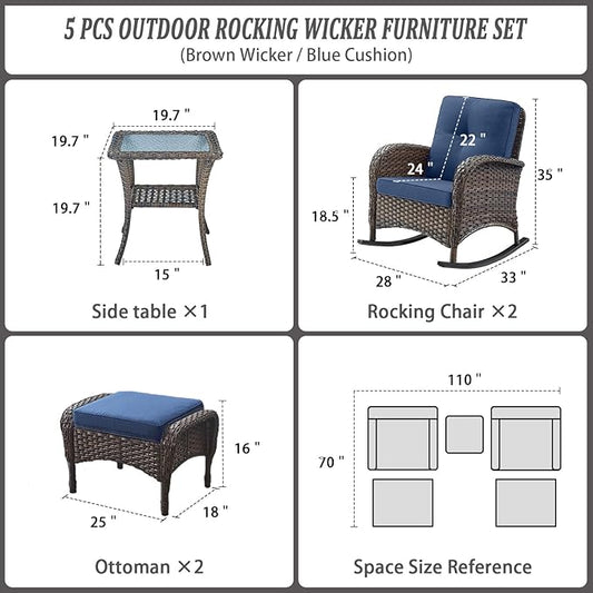 Belord Patio Rocking Chairs Furniture Set - 5 Piece Outdoor Wicker Furniture Sets with Ottomans, Small Patio Conversation Sets with Wicker Rocking Chairs Brown/Blue