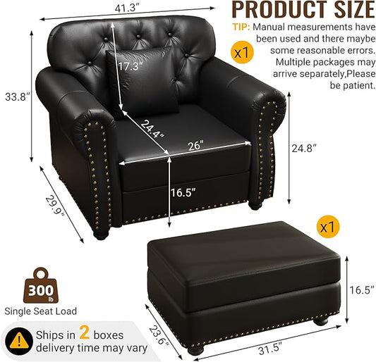 KEIKI 41" Faux Leather Chesterfield Sofa with Rolled Arms & Nailhead Trim & 1 Ottoman, 1-Seater Button Tufted Couch with High Resilience Cushion & 1 Pillow, Easy Assembly, for Living Room, Black