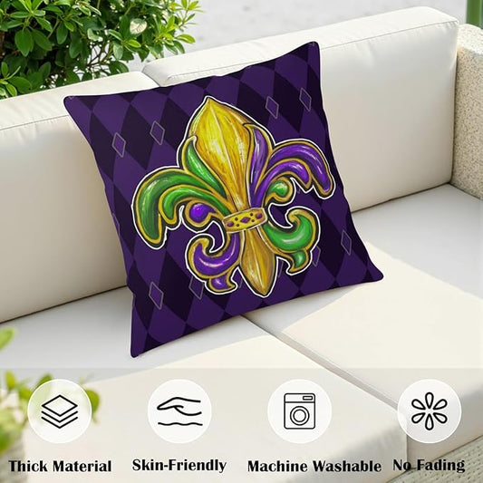 Mardi Gras Pillow Covers 22x22 Set of 2 Fleur De Lis Decorative Throw Pillows Purple Green Gold Outdoor Decorative Holiday Pillow Cases for Porch Sofa Couch Party Decor
