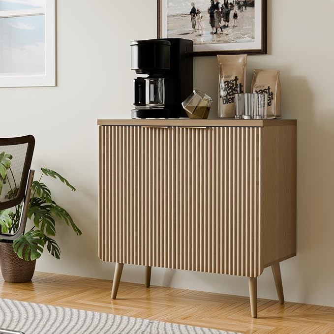 29.5" W Wood Fluted Sideboard with 2 Doors, Modern Large Buffet Cabinet with Shelves, Multi-Space Storage Credenza Kitchen for Entryway, Dining & Living Room, Natual Oak