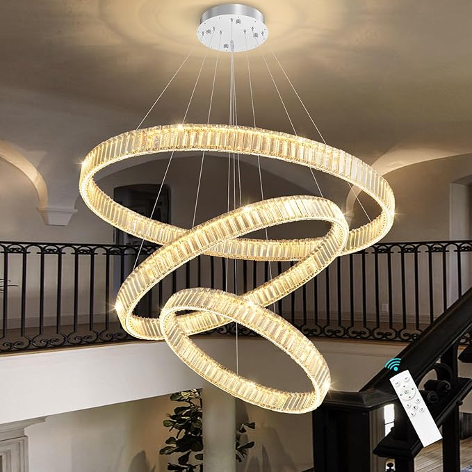 24''+32''+40'' Modern Ring Chandelier Crystal Chandeliers for Dining Room Round LED Dimmable Ceiling Light Fixture for Living Room Bedroom Lighting Silver