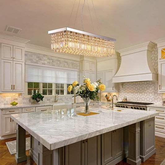 Siljoy 8 Lights Modern Crystal Chandeliers, Rectangular K9 Crystal Raindrop Chandelier, Rectangle Pendant Ceiling Light for Dining Room Kitchen Island, Adjustable Hanging Height, L40 x W10 x H10