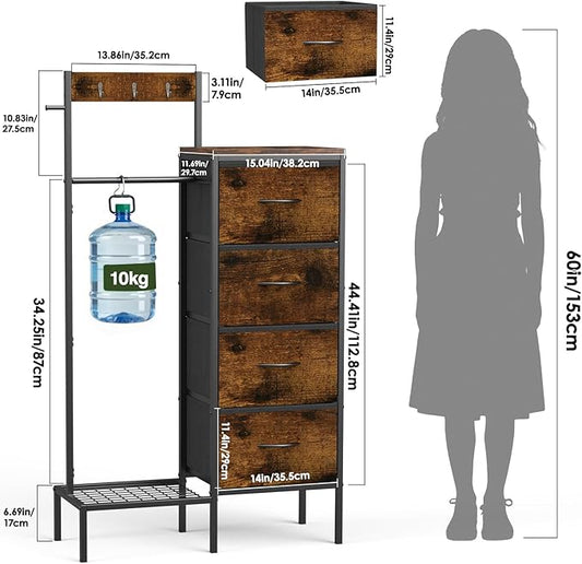 Lewondr Dresser with Hanging Rack and Storage Drawers, 4 Drawer Chest with Hooks and Hat Rack, Rustic Entryway Organizer for Clothes, Bags, Shoes and Accessories, Brown Wood Finish