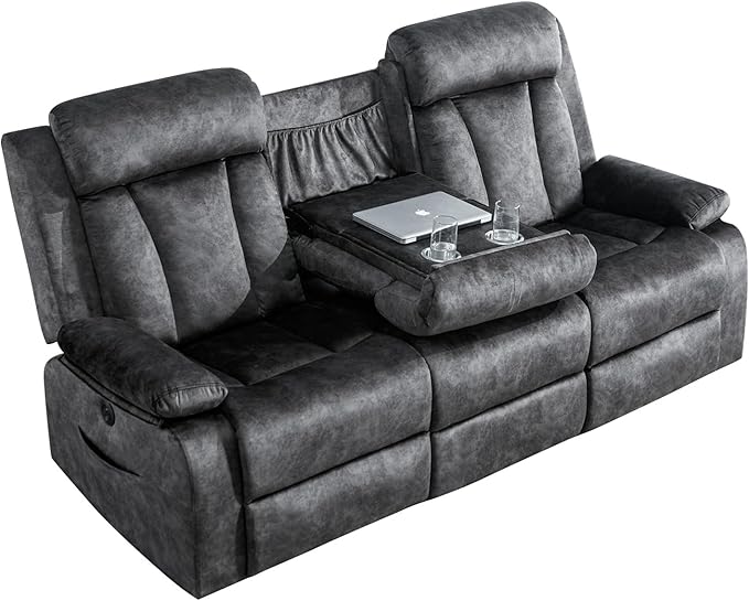 GUEAPY Power Reclining Sofa, 3-Seater Reclining Couch with Massage & Heat, Drop-Down Table, USB & Type-C Charging Ports, Cup Holders, Dutch Velvet, RV & Living Room Reclining Seating
