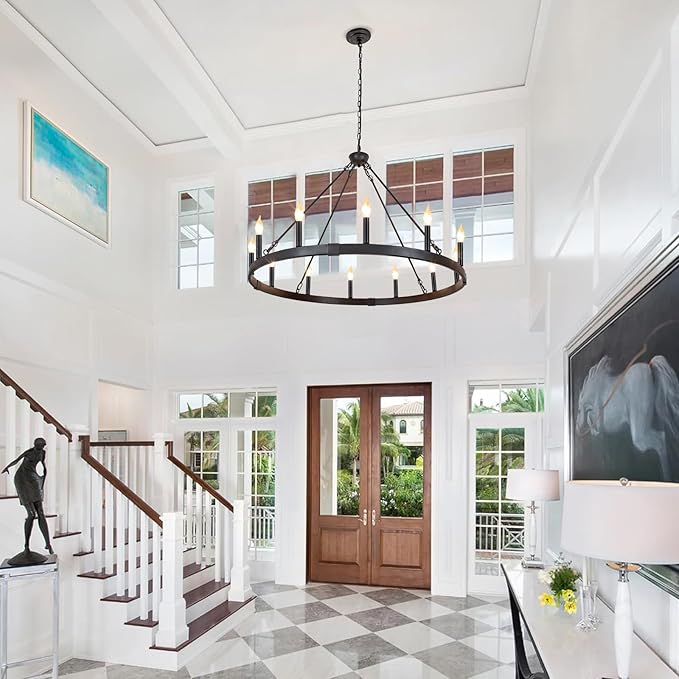 Black Wagon Wheel Chandelier 38 inch, 12-Light Black Round Industrial Farmhouse Chandeliers for High Ceilings Dining Room Living Room Foyer Entryway Outdoor Porch