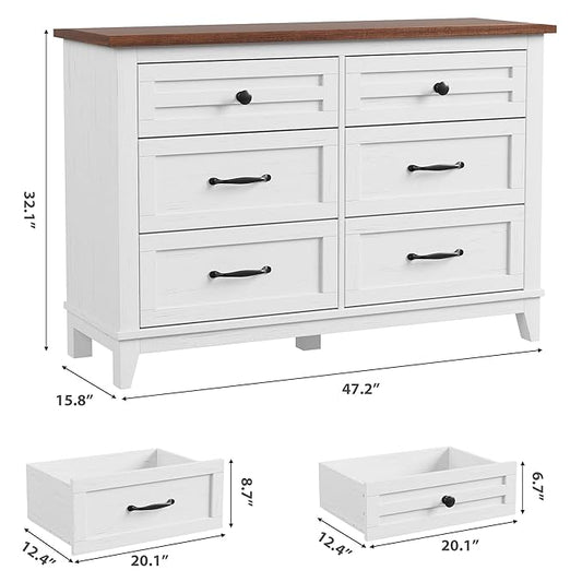 GarveeHome 6 Dresser for Bedroom, 47 in Wide Drawer Dresser with Storage Freestanding, Wooden Closet Storage Chest for Living Room, Bedroom, Entryway, White+Brown