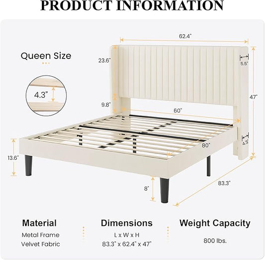 SHA CERLIN Queen Size Velvet Bed Frame with Vertical Channel Tufted Wingback Headboard, Upholstered Platform Bed with Wood Slats, No Box Spring Needed, Easy Assembly, Cream White