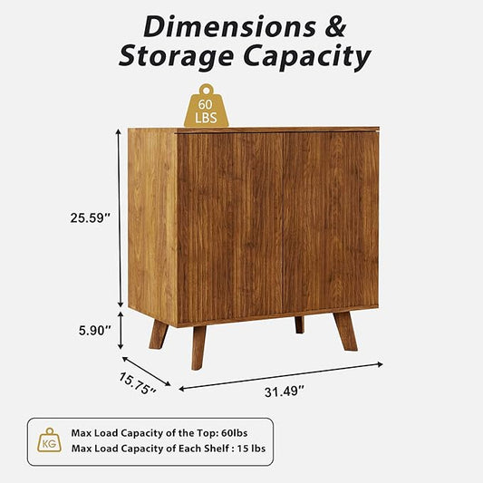 Fluted Storage Cabinet, Modern Accent Buffet Sideboard with Adjustable Shelves, Freestanding Sideboard with Double Doors, Accent Cabinet with 2 Doors for Hallway Entryway Living Room (Walnut)