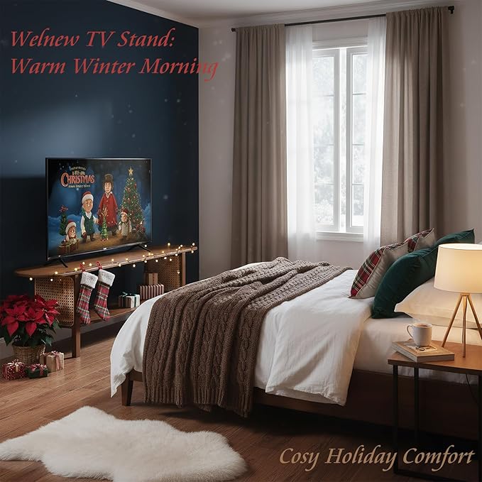 Welnow Walnut Rattan TV Stand for 65" TV, Mid Century Modern Entertainment Center with 2-Tier Open Shelves, Versatile Modern TV Console & Table for Living Room & Gaming