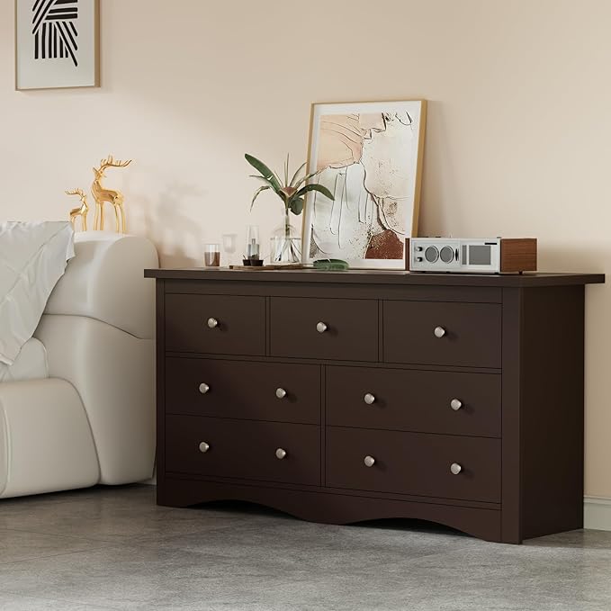 Furmax Dresser for Bedroom, 7 Wood Dresser, Chest of Drawers, for TV up to 65 inch, TV Stand Storage Chest of Drawers for Hallway Entryway (Brown)