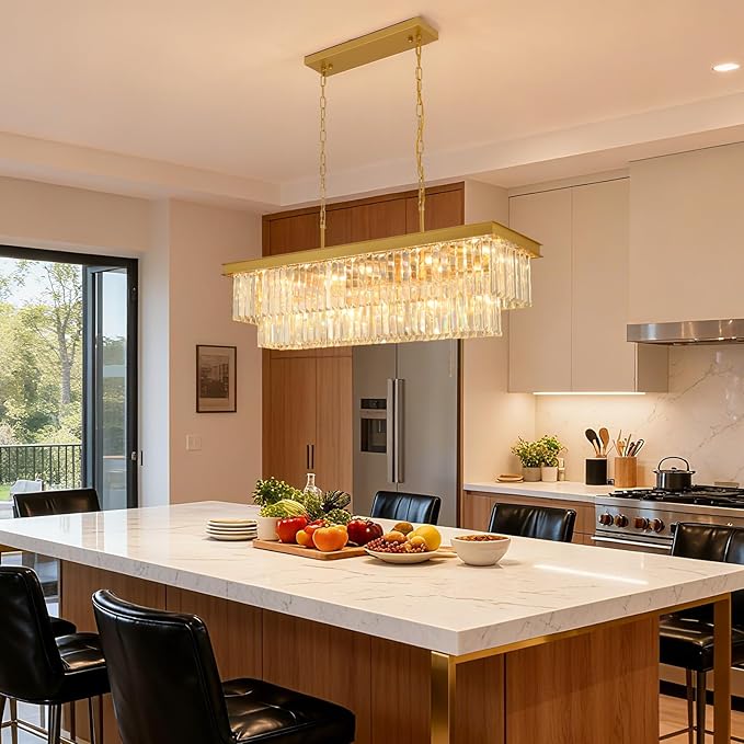 Crystal Chandeliers for Dining Room Light Fixtures Over Table,15-Lights Gold Modern Rectangle Chandeliers for Kitchen Island Bar