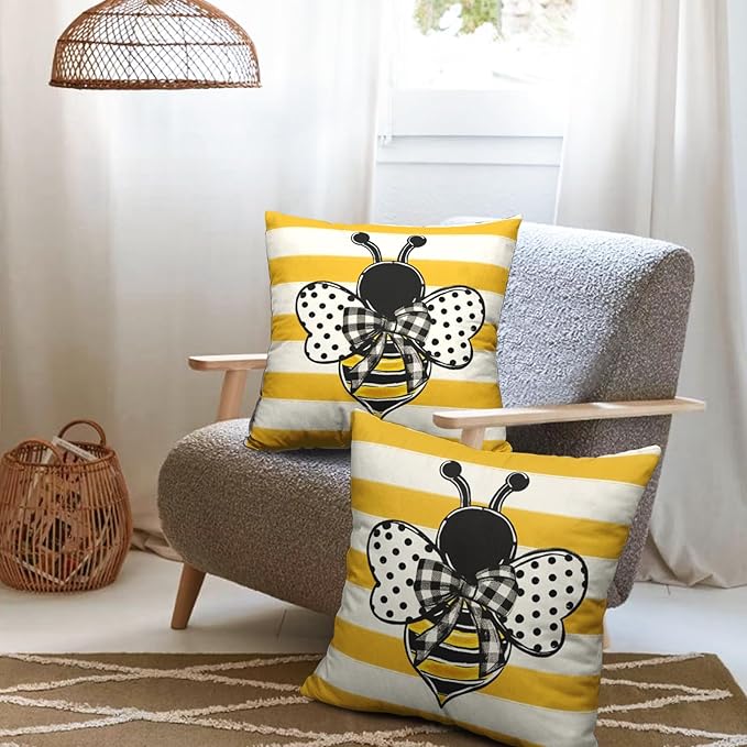 Summer Bee Pillow Covers 24x24 Set of 2 Yellow White Striped Bumblebee Pillow Cases Spring Honey Bee Holiday Decorative Cushion Case for Bed Couch Sofa