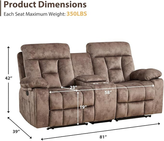 EBELLO Loveseat Recliner Sofa for Living Room, Extra Wide Modern Overstuffed 2 Seat Reclining Manual Sofa Chair, with Hidden Armrest Cup Holders, Breathable Fabric, Brown