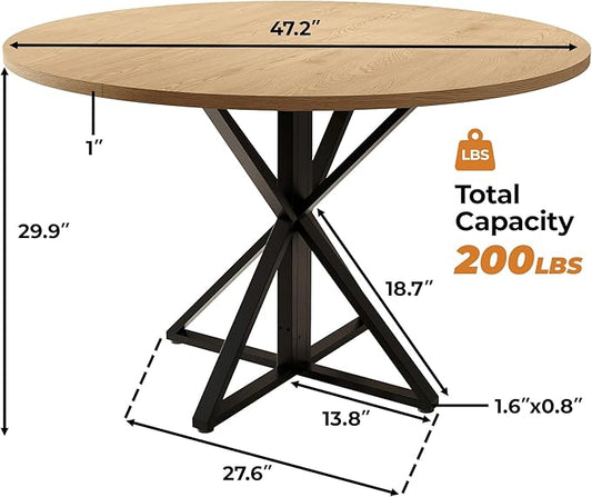 IDEALHOUSE 47 Inch Round Dining Table for 4, Farmhouse Kitchen Table with Metal K-Base, Oak Finish Circle Wood Table for Dining Room, Kitchen, Apartment & Living Room (Table Only)