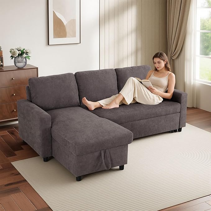 Yafylly L-Shaped Sleeper Sofa with Chaise Lounge & Storage, Pull-Out Couch Bed with Recliner, Full Size Futon for Living Room, Office, Apartment, Coffee