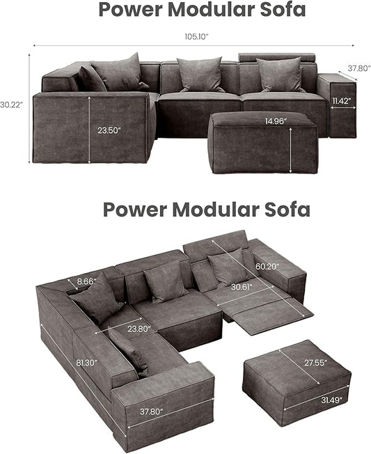 105" Power Sofa L-shaped Couch,Modular Sectional Couches for Living Room,Modern Large Sofa with Recliners,Comfy Velvet Cloud Couch with Deep Seat with 1 Ottoman,Pet Friendly for Home Office(Dark Grey)