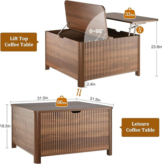 LYNCOHOME 31.5" Fluted Lift Top Coffee Table with Storage, Square Coffee Tables for Living Room, Coffee Table with Large Hidden Storage Compartment and Adjustable Shelves,Walnut
