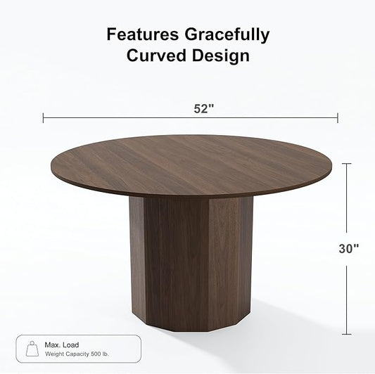 Casaphoria 52" Round Dining Table, Modern Wood Kitchen Table with Cylinder Polygonal Base for Living Room & Dining Room, Easy Assembly Farmhouse Furniture for 4-6, Walnut