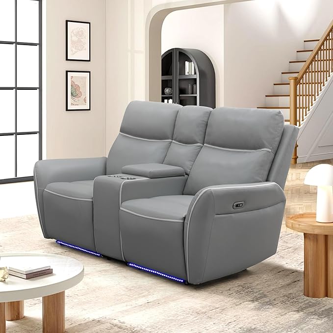 2 Piece Power Recliner Sofa for Living Room, Breathing Leather Reclining Couch and Loveseat Set with LED Lighting, Cup Holders, Storage Console&USB Port for Home Theater Seating (Light Grey)