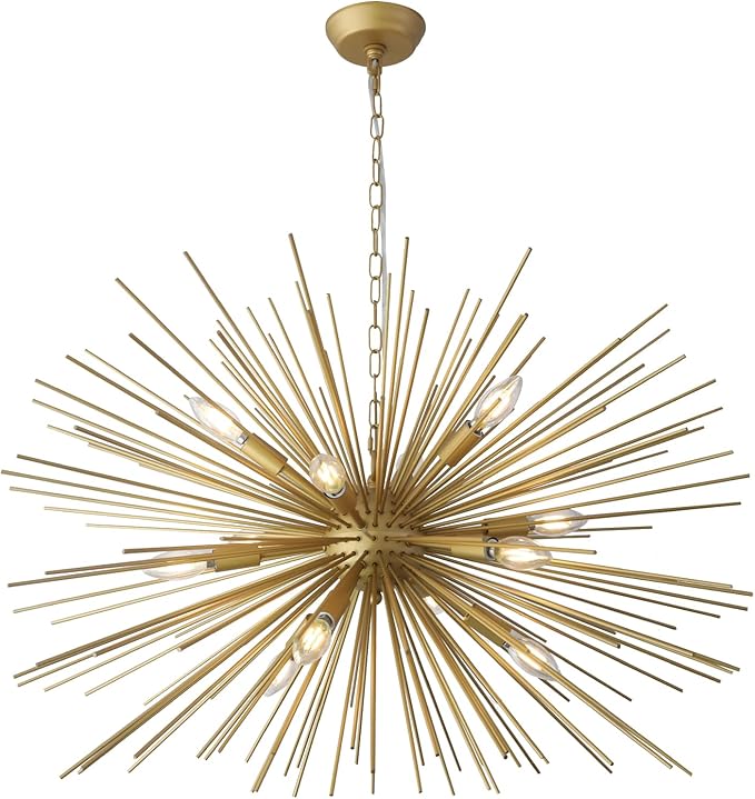 Modern 33.8in Gold Sputnik Chandeliers 12-Light Mid-Century Starburst Chandelier Light Fixture Solid Metal Satellite Large Chandelier for High Ceiling Dining Room Living Room Foyer E12