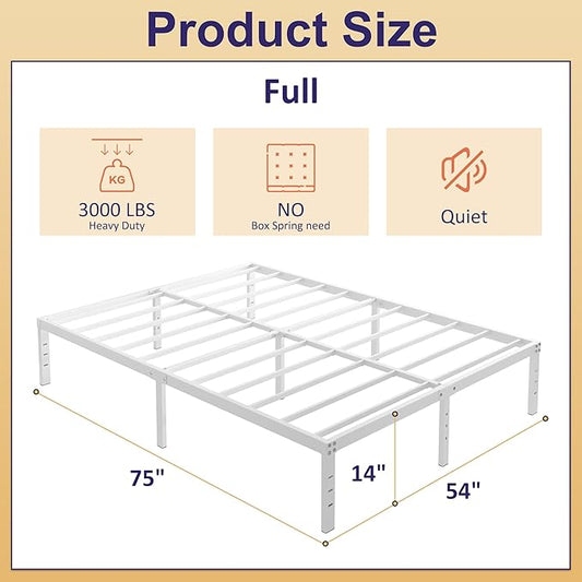 14 Inch Full Size Bed Frame No Box Spring Needed, Heavy Duty Metal Bed Frame Full with Large Underbed Storage Space, Noise Free, Easy Assembly, White