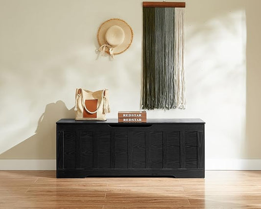 51.2" Storage Chest Extra Large,Storage Bench with 2 Safety Hinges,Shoe Bench,51.2 * 15.7 * 19.1 inches,Wooden Trunk for Bedroom,livingroom,entryway,Supports 220 lb,Easy Assembly(Black).