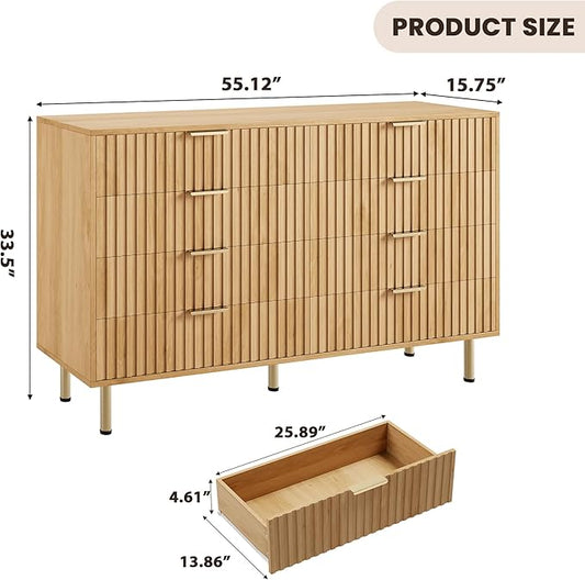 GarveeHome 8 Drawer Dresser for Bedroom, Fluted 55 in Wide Modern Chest of Drawers with Deep Drawers, Wooden Dresser Organizer for Living Room, Hallway, Kids Room, Natural