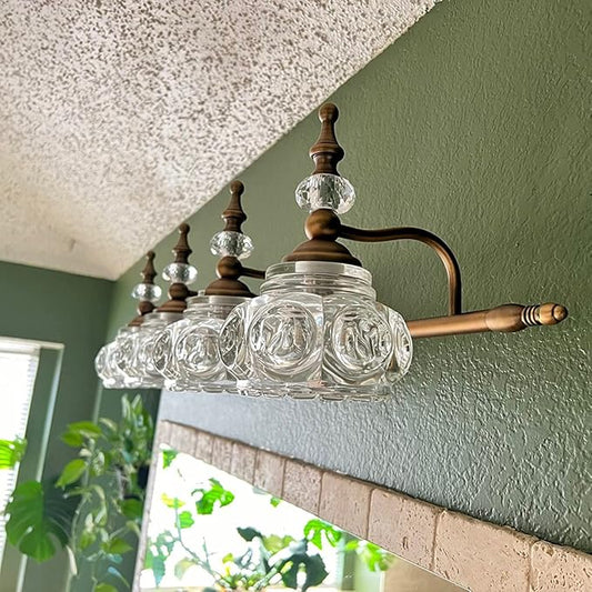 Brass 5-Light Bathroom Vanity Light, Vintage Bathroom Lighting Fixtures with Thick Crystal Glass Shade, Living Room