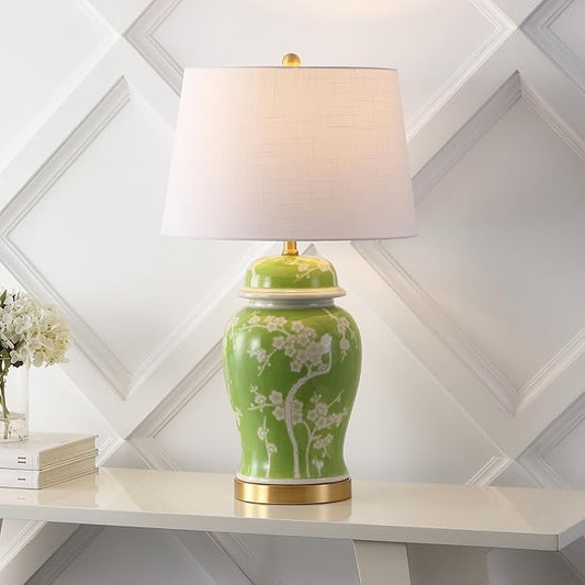 JONATHAN Y 29.5" Green/White Traditional Ceramic Ginger Jar Table Lamp for Living Room, Chinoiserie Asian Bedside Lamp with White Linen Shade and LED Bulb Included (JYL3047B)