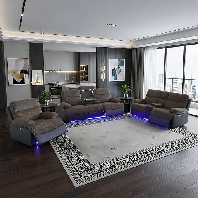 Power Corduroy Recliner Sofa Set with LED Light,Reclining Couch Set with USB Charger/Cup Holder/Storage,Corduroy Couch for Living Room Furniture Sets(3+2+1 Seats,Brown)