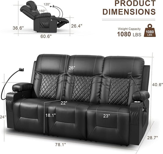 FURNIMAT Recliner Sofa Set with 3+1+1 Pieces in Living Room, 3 Seater Reclining Sofa, 2 Recliner Chair with 360 Degree Swivel Single Sofa Seat, Black, FU-RC06-PUBK-3+1+1