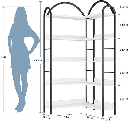 GarveeHome Arched Bookshelf Corner Bookcase, L Shaped Bookshelf Industrial Corner Bookshelves, Large Bookcase with Metal Frame, Corner Shelf Arch Display Rack for Living Room Bedroom