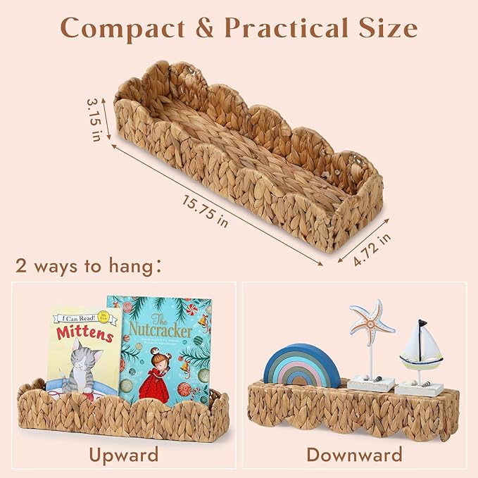 4 Pack Nursery Book Shelves, Scalloped Water Hyacinth Book Shelf for Kids Rooms, Handwoven Floating Book Shelves for Wall, 15.8” Wicker Hanging Bookshelf for Books, Toys, Photo Frames, Nursery decor