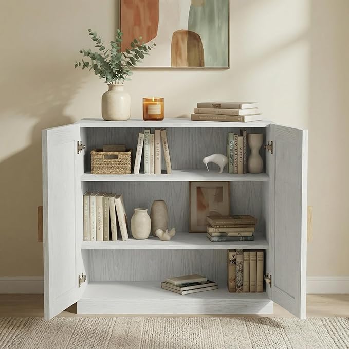 Casaphoria Adam Sideboard Buffet Cabinet with Storage, Sideboard Cabinet with Rattan Doors & Adjustable Shelves, 31" W x 31" H Coffee Bar for Entryway Kitchen Living Room, White