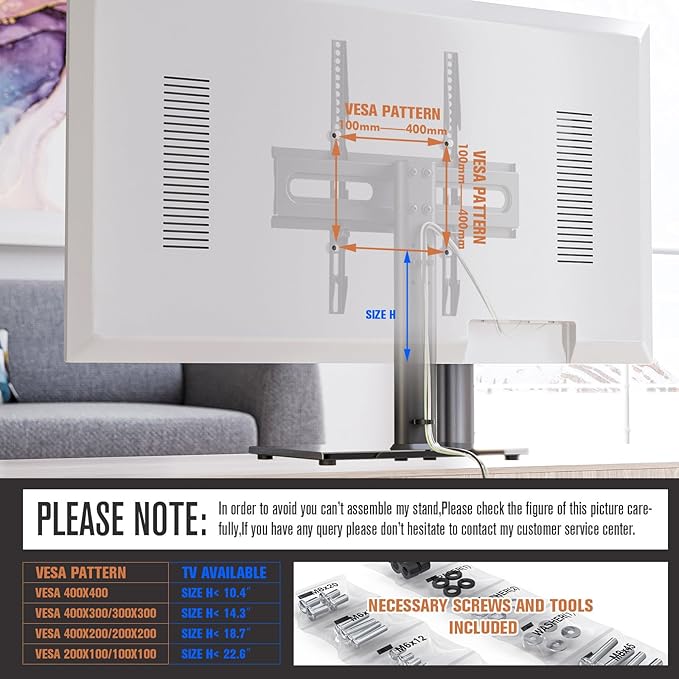 Universal Swivel TV Stand - Table Top TV Stand for 27-60 inch LCD LED TVs - Height Adjustable TV Base Stand with Tempered Glass Base & Wire Management, VESA 400x400mm HT06B-002