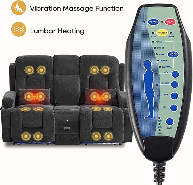 IPKIG Power Recliner Sofa with Flip-Up Backrest Console, USB & USB-C Ports, AC Outlet, LED Lights, Wall Hugger Recliners for Living Room, RV (Charcoal, 67" - 3 Seat) | Velvet Fabric, Zero Gravity, Dual Reclining, 2 Lumabr Pillow, Bluetooth Speakers