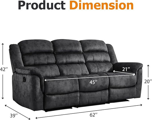 EBELLO Reclining Sofa for Living Room, Extra Wide Modern Overstuffed 3 Seat Recliner Manual Sofa Chair, Breathable Soft Fabric and Padded Seat, Grey