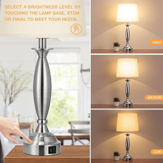 Beige Lamps for Bedrooms Set of 2 - Touch Control Bedside Lamp with USB C+A, 3 Way Dimmable Nightstand Lamps with USB Port, Table Lamp for Living Room(Beige Shade and Nickel Base)