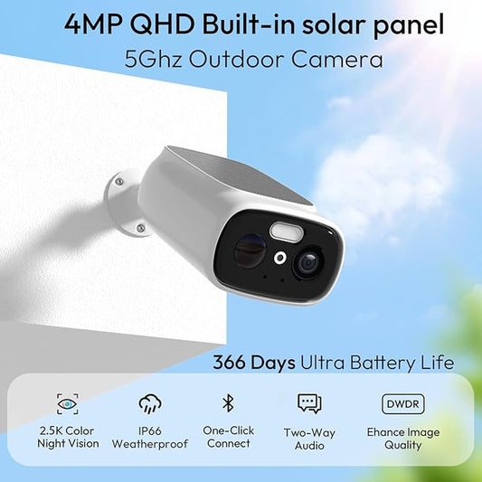 2.4G/5G WiFi Camera for Home Security with Embedded Solar Panel, 2.5K Solar Security Camera Wireless Outdoor with Color Night Vision, 2-Way Talk, Siren,IP66, Cloud/SD, AI Detection, W/Alexa