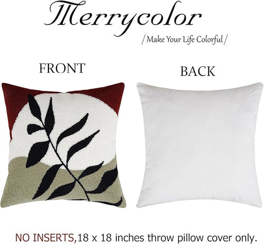 Merrycolor Boho Decorative Throw Pillow Covers 18x18 Tufted Green Decorative Pillows Covers Sun Leaf Mid Century Modern Throw Pillows for Bed Couch Sofa Living Room 1PC(Black and Red)