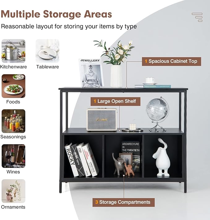 Giantex Buffet Sideboard, Wooden Cupboard, Kitchen Pantry w/Spacious Countertop, Large Open Shelf, 3 Cube Storage Cabinet, Sturdy Rustproof Steel Frame, Modern Stationary Island, Black
