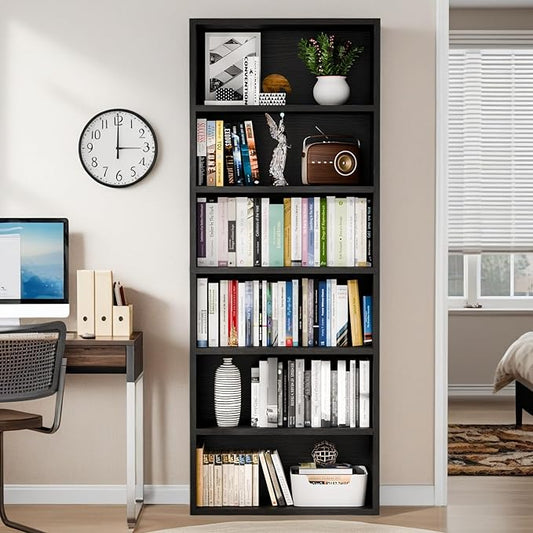 6-Tier Open Bookcase, Freestanding Wood Bookshelf with Display Storage Shelves, Modern Bookcase for Living Room, Bedroom, or Home Office, Black