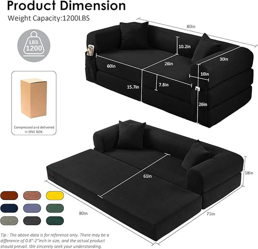 80" Convertible Sofa Bed, Corduroy Deep Seat Folding Pull Out Couch with Pillows, No Assembly Modern Boneless Couch Compression Sofa in Box, Floor Sofa with Storage Pocket for Living Room,Black