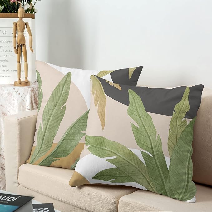 2 Pack Green Palm Leaf Spring Summer Pillow Covers 16x16 Inch Banana Leaves Decorative Throw Pillow Covers Brown and White Black Pillowcase Cotton Blend Farmhouse Decor for Chair Bed Car