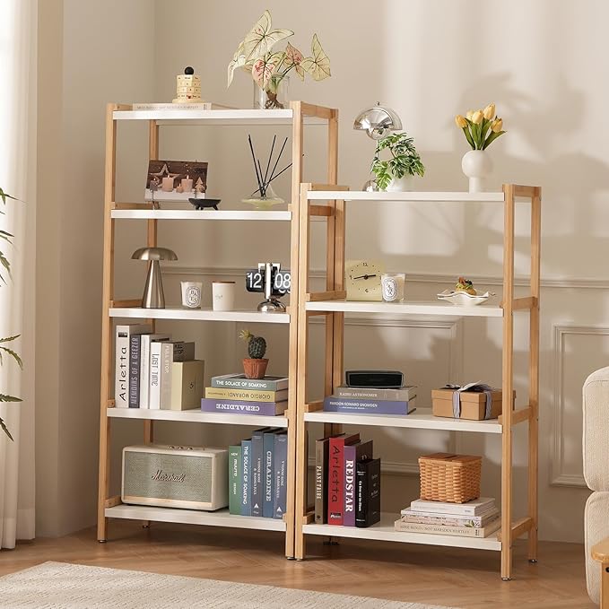 5 Tier Book Shelf- Bamboo Bookcase with Storage, Industrial Bookshelf & Wooden Open Shelves, Modern Bookshelves for Living Room, Bedroom, Office, Natural White